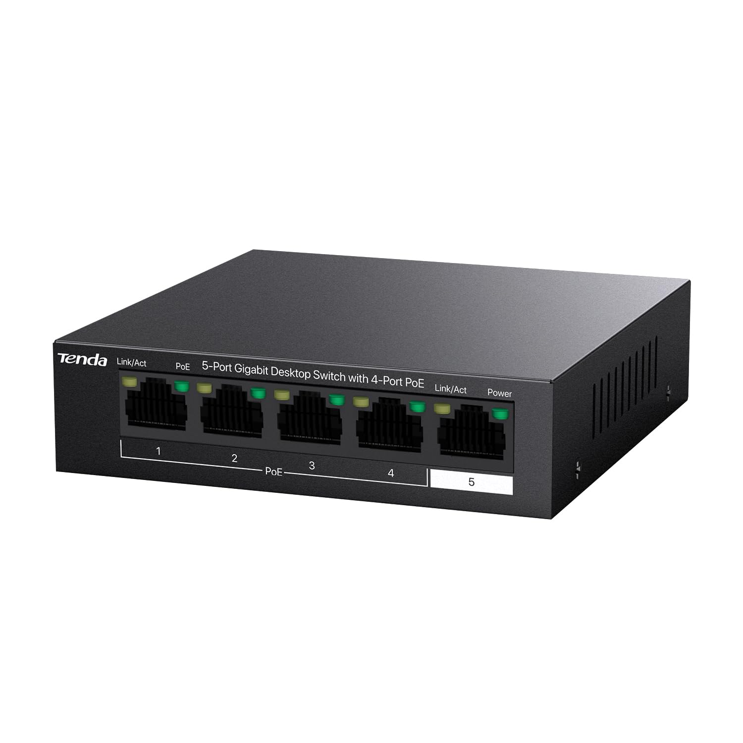Tenda Gigabit PoE Switch 5 Ports mit 4 PoE+ Ports & 1 Uplink-Port (58W, VLAN, IEEE-802.3af/at PoE, lüfterlos, Plug-and-Play, Metallgehäuse) (TEG1105P-4-63W)