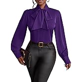 Vrtige Women's Elegant Bow Tie Neck Long Sleeve Blouse Office Shirt Top