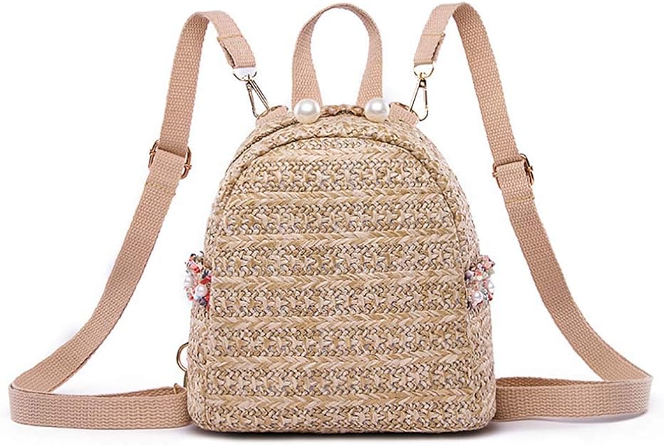 Ikavee Women Straw Backpacks Ladies Fashion Daypacks with Lovely Pearl