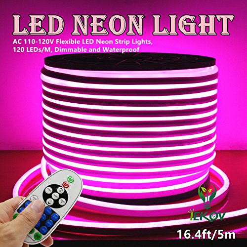 LED NEON Light, IEKOVTM AC 110-120V Flexible LED Neon Strip Lights, 120 LEDs/M, Waterproof 2835 SMD LED Rope Light + Controller Power Cord for Home Decoration (16.4ft/5m, Pink)