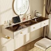 CWKISS 47" Wall-Mounted Floating Vanity Table, Floating Shelf with Drawers &amp; Storage Holes &ndash; Multi-Purpose Makeup Station, Hairdressing Desk, or Study Table with Glass Top,White