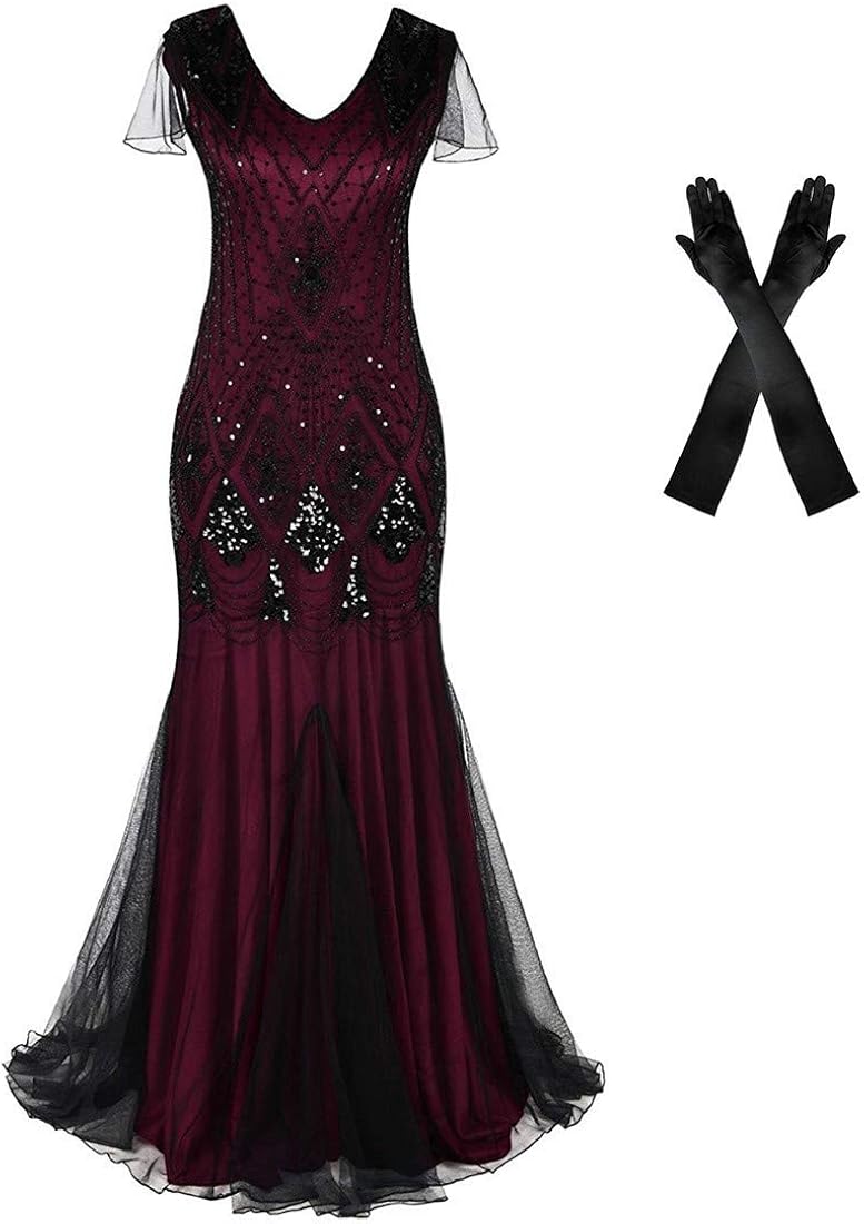 Women Evening Dress 1920s Flapper Cocktail Mermaid Plus Size Formal Gown with Long Gloves