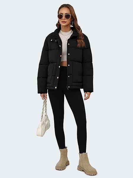 FUNLINGO WOMENS WINTER PUFFER JACKET CASUAL STAND COLLAR ZIP UP WARM CROPPED COATS LIGHTWEIGHT QUILTED PADDED OUTERWEAR WITH POCKETS BLACK S
