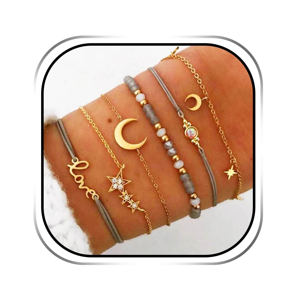 Handcess Boho Multi-layer Crystal Bracelet Sets Gold Moon Star Hand Accessories Weave Bracelets Beads Hand Chain for Women and Girls(Pack of 6)