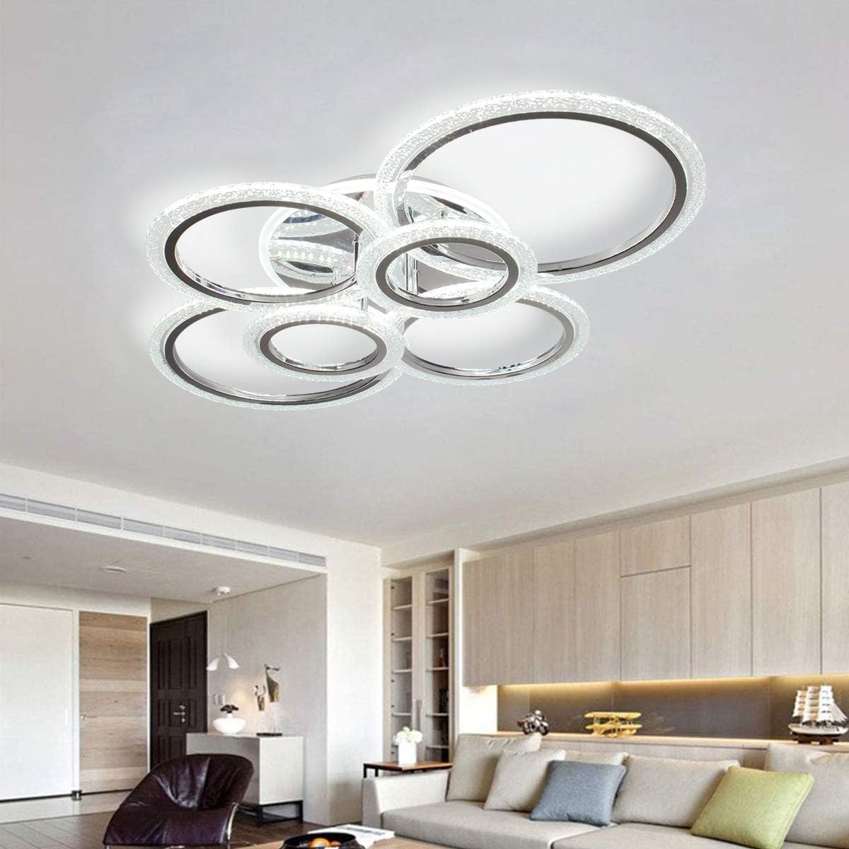 Garwarm LED Ceiling Lamp 76W Modern Close to Ceiling Light Dimmable 6 Rings Ceiling Chandelier for Living Room Bedroom, Chrome - - 