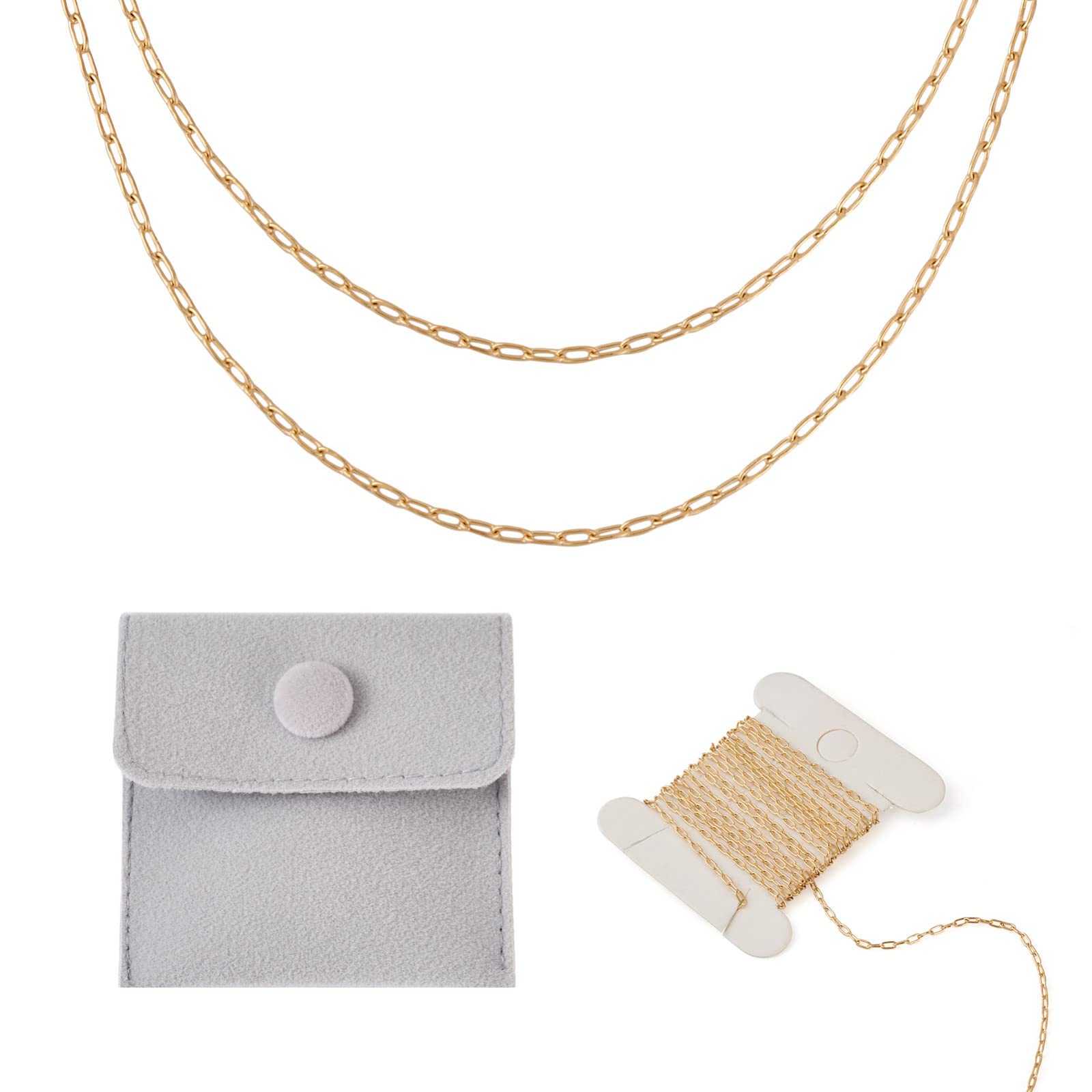 PandaHall 1M 14K Gold Filled Chain Soldered Paperclip Chains Golden Oval Link Chains with Velvet Jewelry Bags for Necklace Jewelry Making, 2.5x1x0.2mm