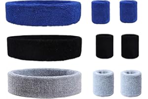 SUSU BLOCK 9 Pieces Sweatbands Set, Includes 3 Pieces Sports Headband and 6 Pieces Wristbands, Polyester Blend, Colorful Cotton, for Men and Women, Athletic Bands for Basketball, Tennis, Working Out