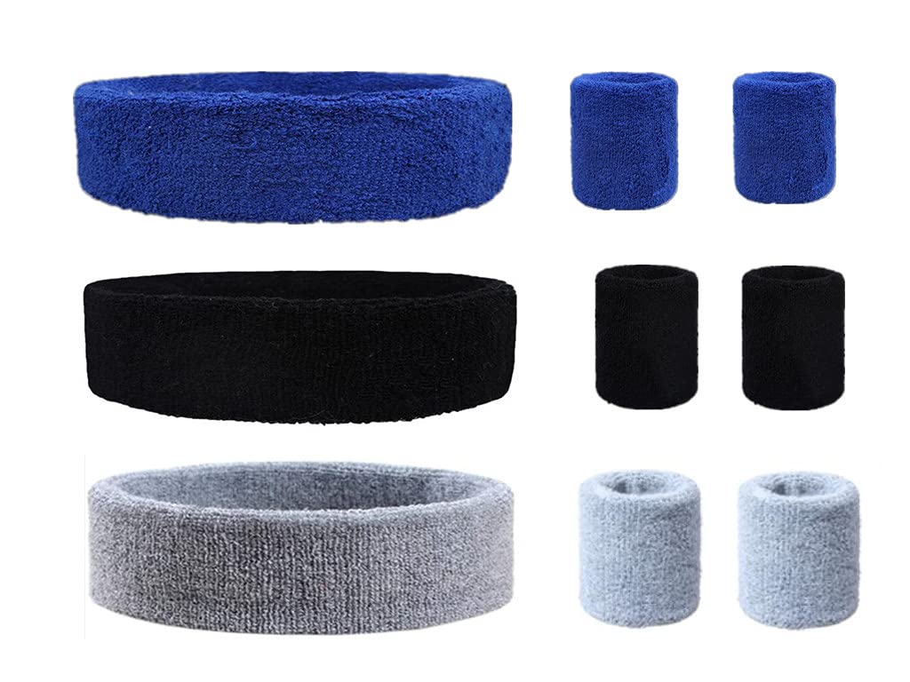 9 Pieces Sweatbands Set, Includes 3 Pieces Sports Headband and 6 Pieces Wristbands, Polyester Blend, Colorful Cotton, for Men and Women, Athletic Bands for Basketball, Tennis, Working Out