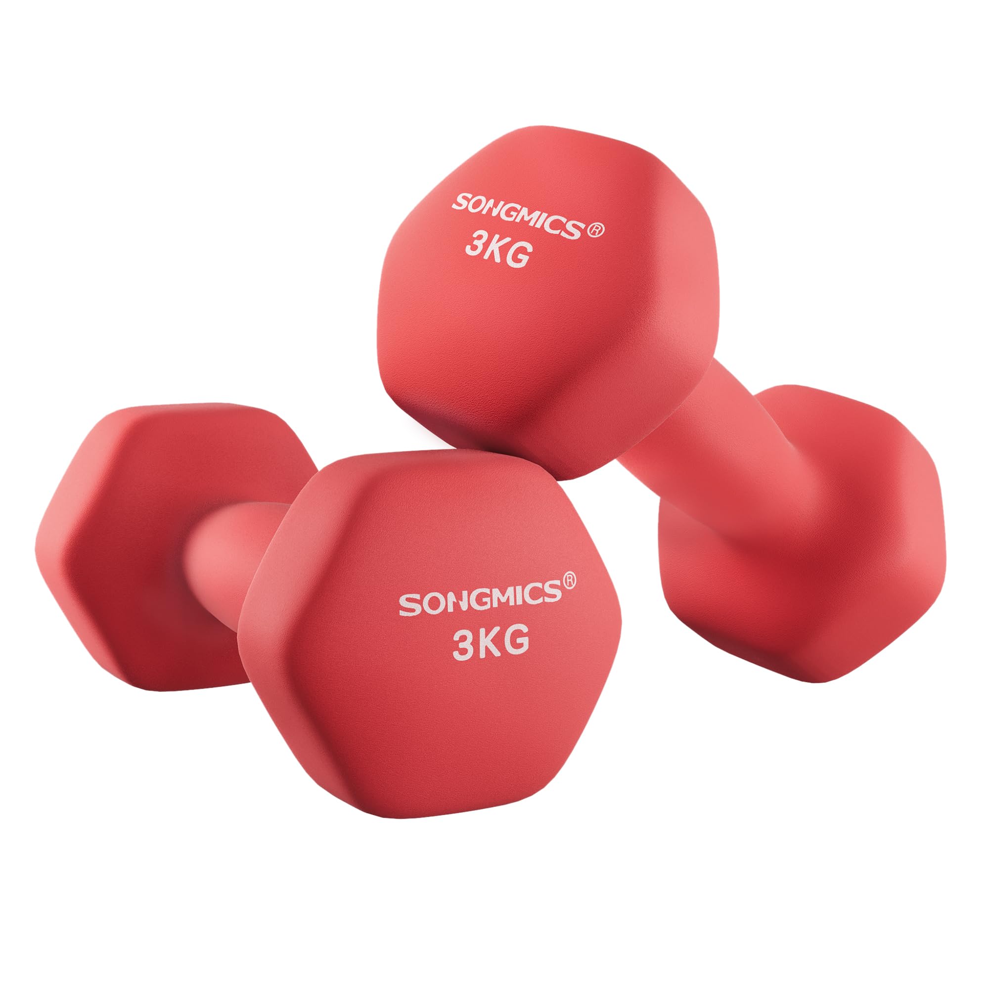 SONGMICS Set of 2 Dumbbells, 2 x 3 kg Hand Weights with Neoprene Coating, Hexagonal Dumbbells Pair, Home Workout, Fitness Training Exercise, Red SYL66RD