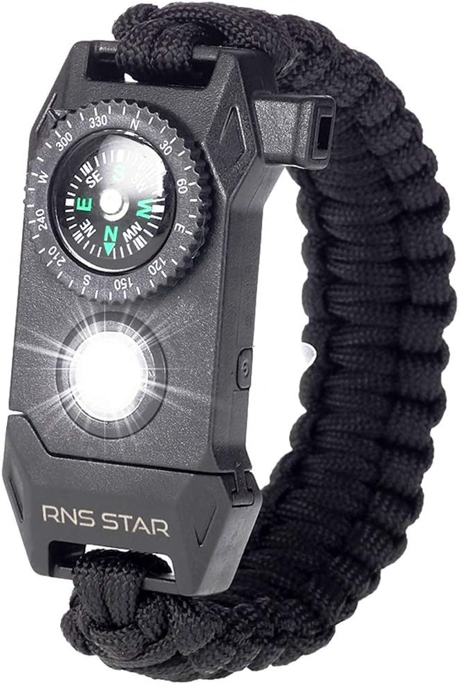 RNS STAR Paracord Survival Bracelet 6-in-1 - Hiking Gear Traveling Camping Gear Kit - 70% Bigger Compass LED SOS Emergency Function Flashlight,Fire Scrapper,Flint Fire Starter,Survival Knife