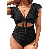 EHSUYAB Plus Size One Piece Swimsuit for Women Curvy, Ruffle Tie Front Ruched Sexy Monokini,Cutout Tummy Control Bathing Suit