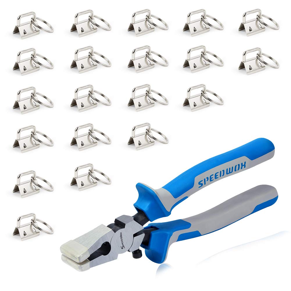 SPEEDWOX 20 Sets of Key Fob Pliers 0.8 Inch Key Fob Hardware with Keychain Split Rings Webbing Fabric Strapping White Nickel Glass Breaking Pliers Tools with Rubber Tips