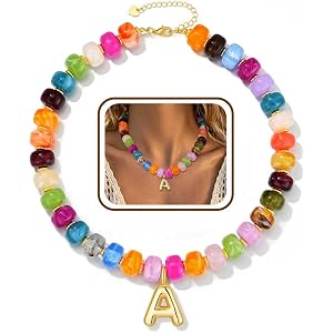HEYOLL Initial Chunky Beaded Necklaces for Women Non Tarnish Colorful Beaded Bubble Letter Choker Boho Summer Trendy Jewelry