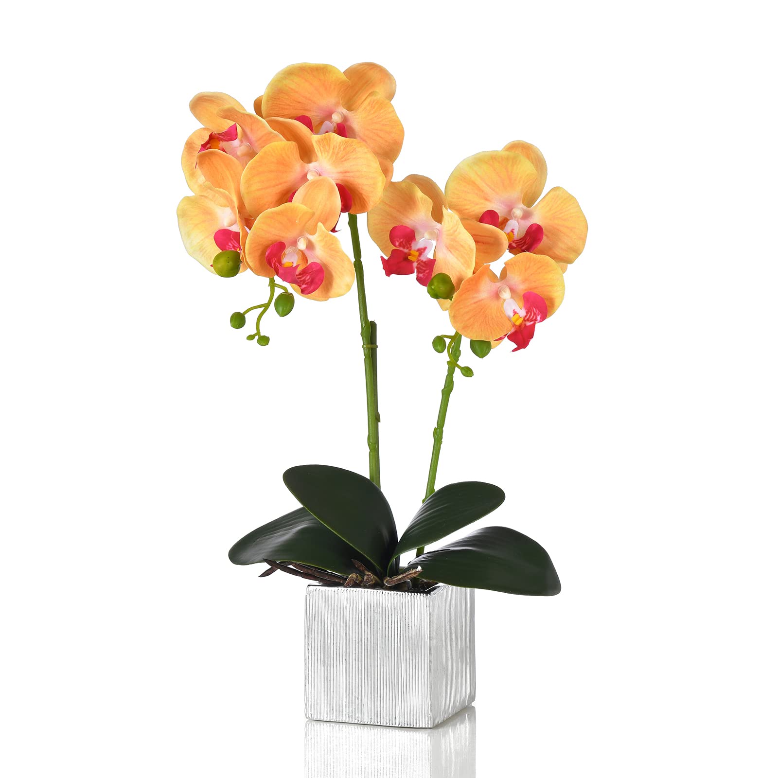 Photo 1 of (PLASTIC) (USED/FAIR) YSZL Artificial Potted Orchid Faux Phalaenopsis Silk Flowers Bonsai Realistic Arrangement in Silver Vase for Home Decoration Table Centerpiece, Orange