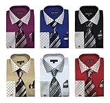 Men's French Cuff Dress Shirt w/ Polka Dot Contrast Collar & Tie Hanky Set #630