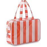 Travel Toiletry Bag for Women, Waterproof Clear Coated Portable Stripe Makeup Cosmetic Bag with Compartment, Travel Organizer for Shampoo, Conditioner, Brushes Set,Cosmetic Accessories(Pink-Orange)