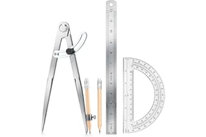 MVRPOWER Compass Geometry Tool, Drawing Compass, Professional 12 Inch Large Compass with Wing for Woodworking, 6 Inch Protractor, 12 Inch Ruler, 2 Pencil for Carpenter, Drafting