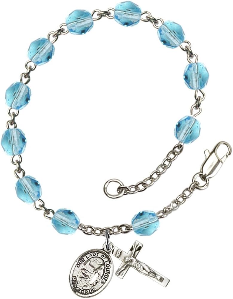 Bonyak Jewelry Our Lady of Lourdes Silver Plate Rosary Bracelet 6mm Fire Polished Beads Every Birth Month Color