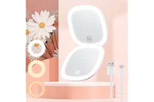 Gospire 3.9" Rechargeable Travel Makeup Mirror with Lights and Magnification 10X, 3 Light Colors & Adjustable Brightness, Magnetic Closure & Memory Function, LED Compact Mirror for Purse - White