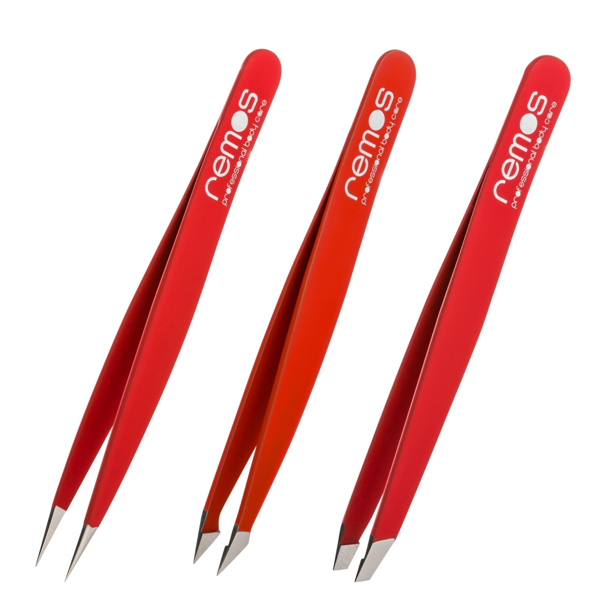 REMOS Tweezer Set 3 Pieces with Eyebrow, Splinter & Combination Tweezers in Red