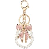 XGALBLA Rhinestone Bow Keychain Imitation Pearl Chains Initial Letter Bow Keychain Bag Charms Purse Charms for Handbags