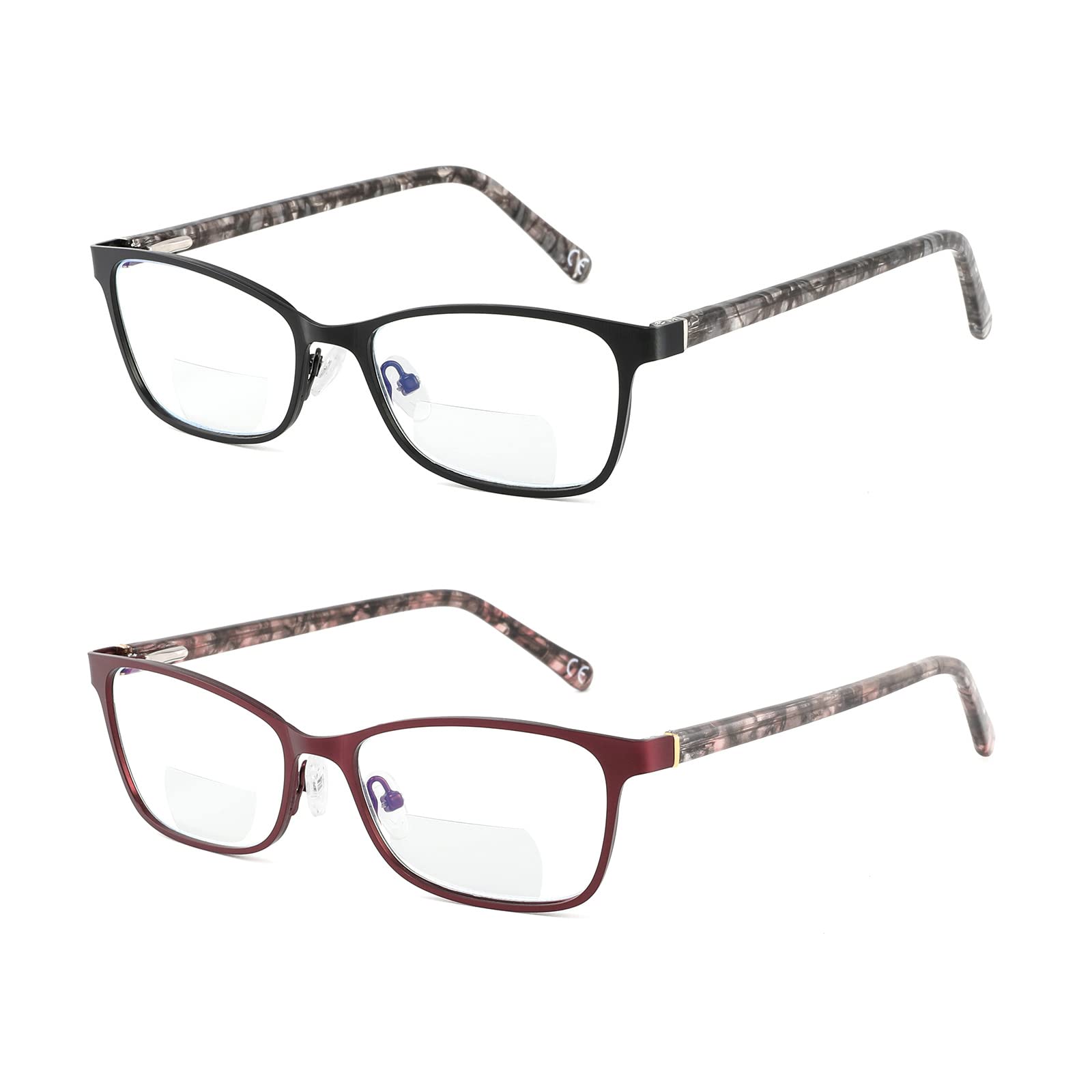Photo 1 of Bifocal Reading Glasses Women Blue Light Blocking With Clear Top Computer Reader No Line Wide Metal Frame Designer Ladies Eyeglasses Black Red +2.25 strength