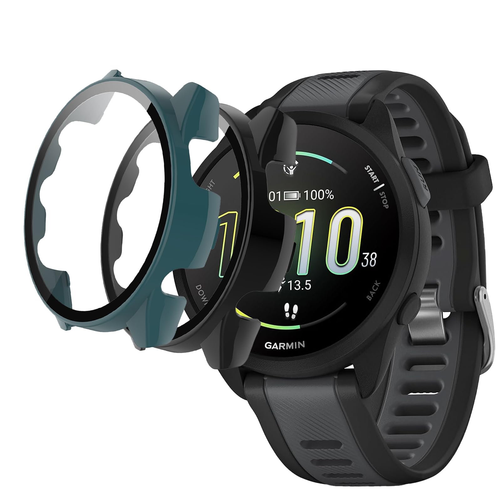 [2Pack] Case for Garmin Forerunner 165/165 Music Tempered Glass Screen Protector，PC Hard Case Tempered Glass Screen Protection Cover Slim Full Cover Scratch Proof Protector，Black+Green