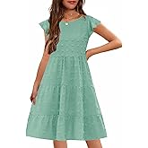 HOSIKA Girls Summer Cute Swiss Dot Flutter Sleeve Boho A Line Swing Tiered Casual Holiday Dress for 6-12 Years