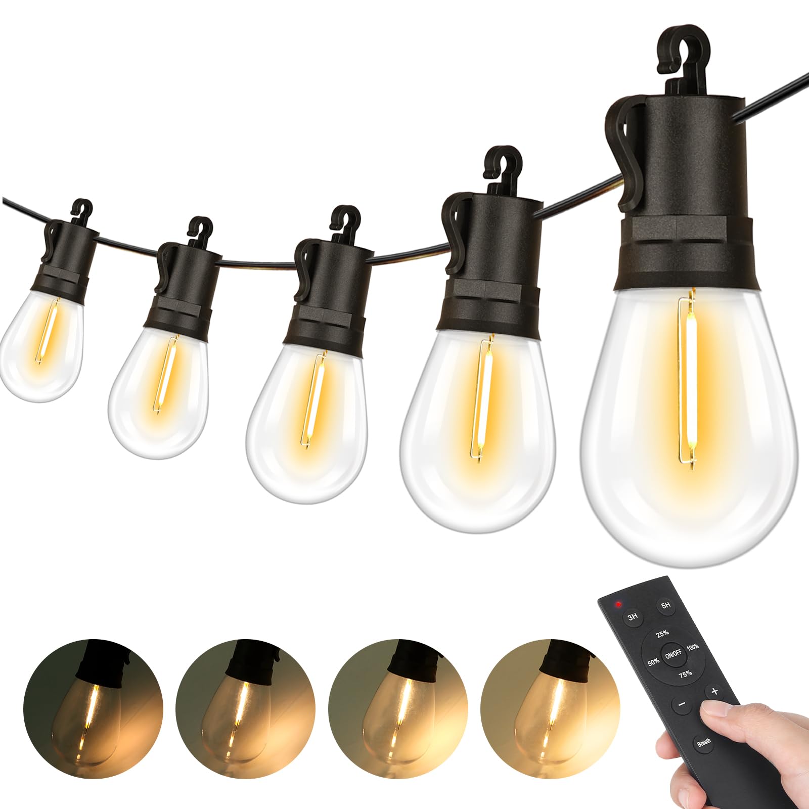 Photo 1 of 100FT LED Outdoor Patio Lights, Waterproof String Light with Remote & 32 Shatterproof S14 Vintage Bulbs(2 Spare), Connectable Commercial Outside Hanging Light for Garden, Balcony, Backyard, Bistro