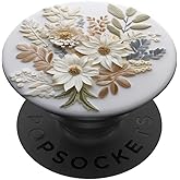 Beige Floral Flower Pattern On White Background PopSockets Adhesive PopGrip