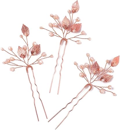 Amazon Missgraceブライダルクリスタルリーフローズゴールドヘアピン女性クリスタルヘッドピースウェディングローズゴールドリーフヘアピンクリップヘアジュエリーウェディングヘアアクセサリー 3パック Missgrace ビューティー 通販