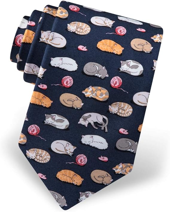 Gravata de animal masculina cinza carvão 100% seda gatinha soneca tempo animal