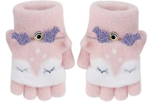 Cartoon Convertible Flip Top Gloves Toddler Kids Winter Wool Knit Fingerless Gloves with Mitten Cover for Girls Boys 2-15 Yrs
