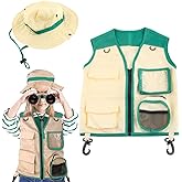 JTLB Kids Explorer Costume Set, 2Pcs Safari Vest and Hat for Outdoor Adventure, Bird Watching, with Washable Fabric (Green)