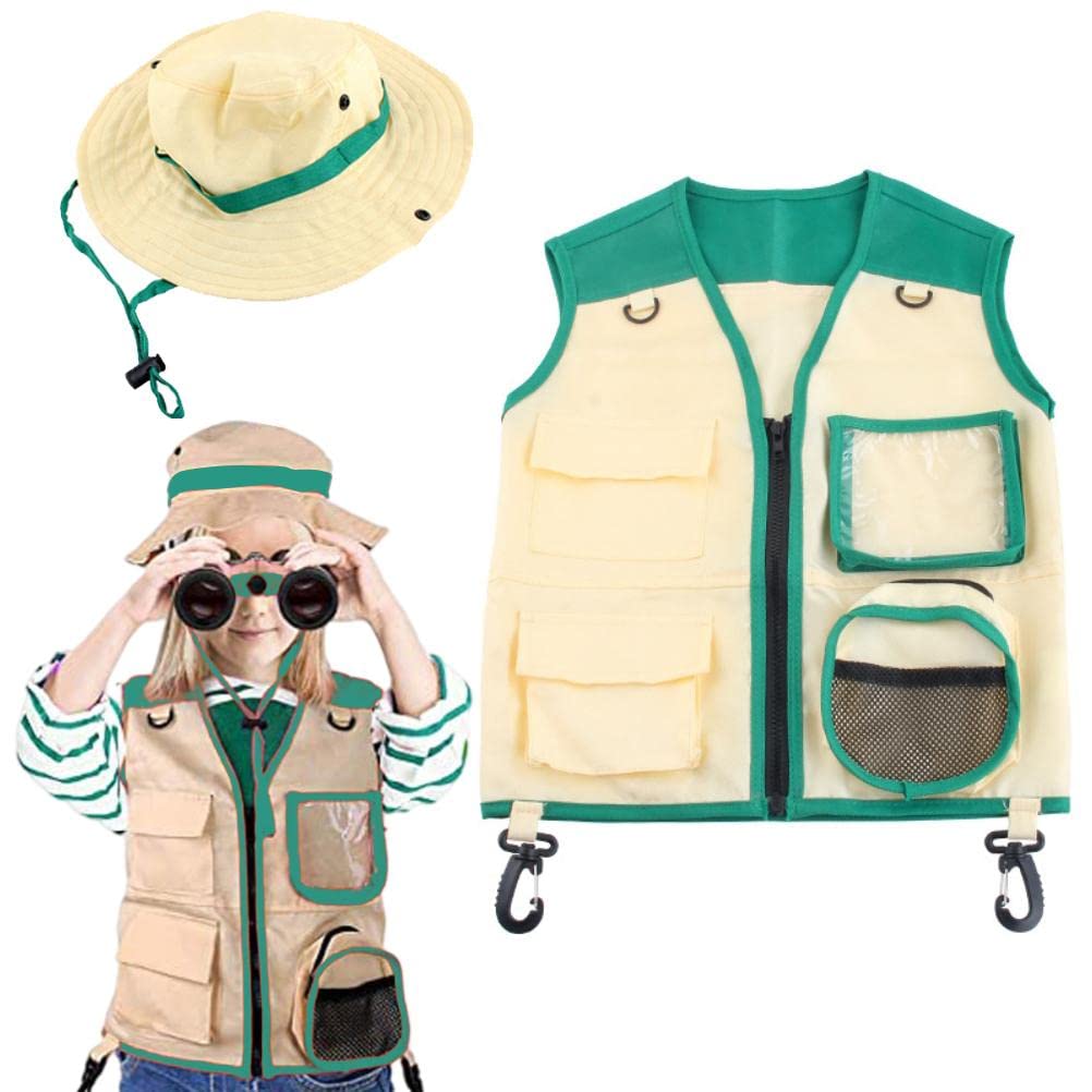 Ghzste Outdoor Explorer Kit for Kids 2Pcs Kids Explorer Costume Set Cargo Vest and Hat Outdoor Explorer Kit Role Play Cosplay for Explorer Zookeeper Park Ranger (A)