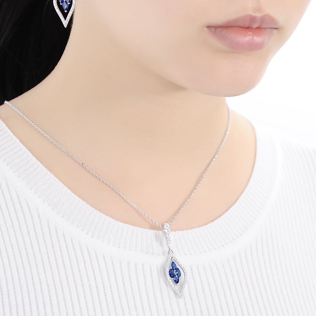 Sterling Silver Sapphire Color Stone Necklaces Pendants Women Blue Crystal CZ Stones
