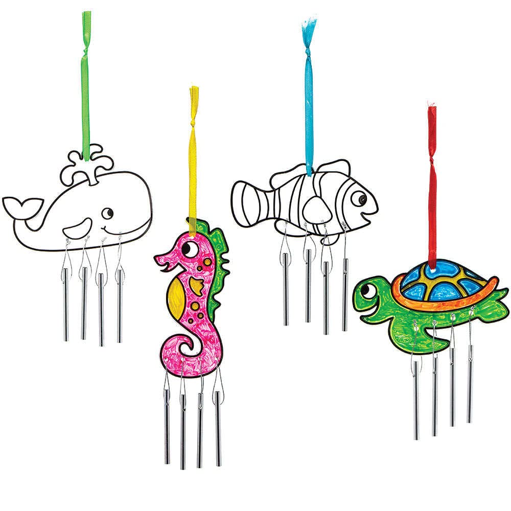 Baker Ross FC766 Sealife Suncatcher Windchimes - Pack of 4, Painting Craft Kit for Kids, Stained Glass Window Crafts