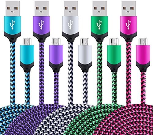 Micro USB Cable, Sicodo 5-Pack Extra Long 6FT High Speed USB 2.0 to Micro USB Nylon-Braided Fast Sync & Charging Cord Compatible with Samsung Galaxy S7 S6 Edge,Note 5,HTC,Motorola,Nokia,Sony, LG