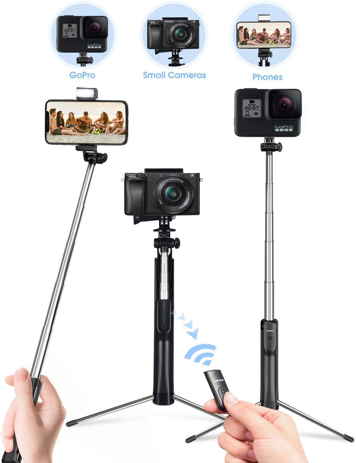 Mpow Selfie Stick Tripod, All in 1 Portable Extendable Selfie Stick with Bluetooth Remote & Fill Light, Compatible iPhone 11/11PRO/XS Max/XS/XR/X/8P/7P, Galaxy S20/S10/S9/S8 Gopro/Small Camera, Black