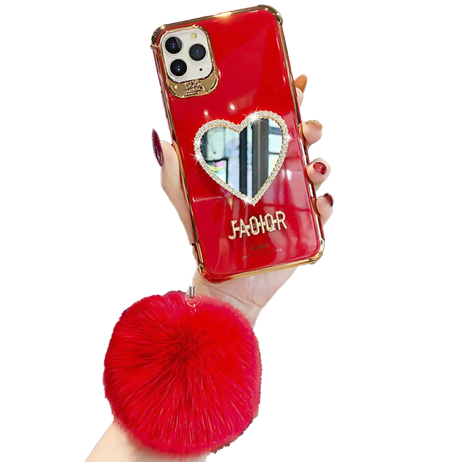 Anloes for Makeup Mirror Phone Case Luxurious Bling Heart-Shaped Frame Hairball Case, Girly Cute Bling Shining Protective Case for iPhone (iPhone 13 Mini, Red)