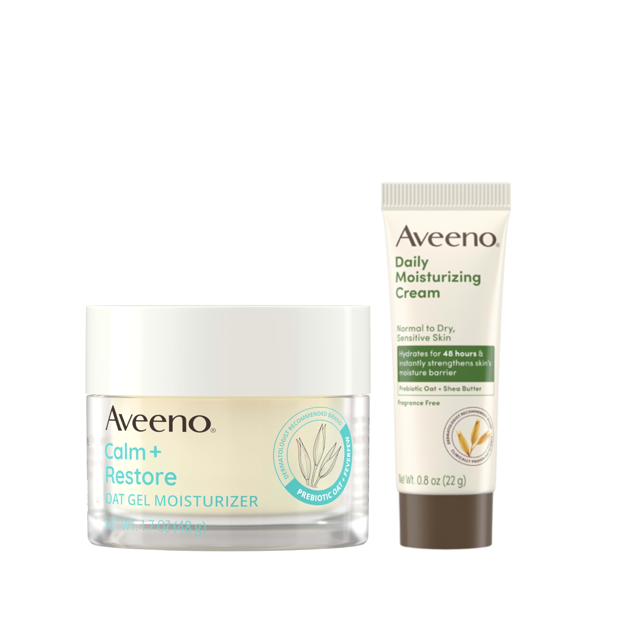 Photo 1 of Aveeno Sensitive Skin Moisturizer Bundle, Calm + Restore Oat Gel Facial Moisturizer, 1.7 oz, & Trial Size Daily Moisturizing Cream + Prebiotic Oat, 0.5 oz, Fragrance-Free, Two Items
