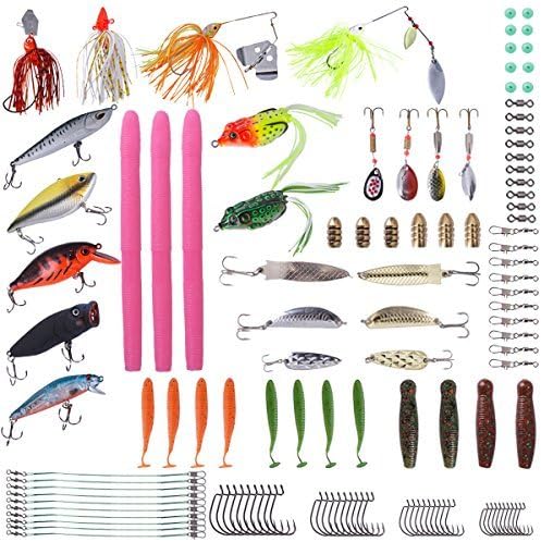 Lureshine 122pcs Fishing Lures Mixed Lots Fishing Baits Tackle Including Plastic Worms Jig Crankbaits Spinnerbaits Frogs Soft Hard Metal Lure VIB Minnow and Fishing Gear Kit Set with Tackle Box