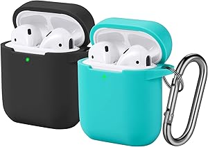 [2 Pack] Funbiz Designed for Airpods Case Cute Silicone Cover with Keychain for Girls Boys, Cool Protective Charging Case Skin Compatible with Apple Airpods 2 & 1, (Front LED Visible) Black/Teal