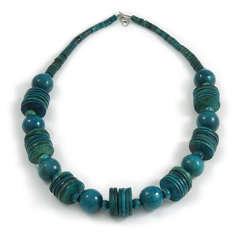 Avalaya Teal Wood Button & Bead Chunky Necklace - 60cm Long