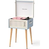TANLANIN Record Player with Stand, 4 Speakers, Bluetooth Turntable, Blue | Vintage standing record player with detachable legs, PC recording, 33/45/78 RPM belt drive, auto stop, RCA/AUX/headphone jack