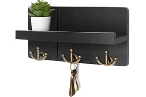 Rebee Vision Decorative Key and Mail Holder for Wall: Farmhouse Mail Organizer with Floating Shelf and 3 Anchor Key Hooks - Rustic Key Hanger for Farmhouse Entryway Decor (Modern Black)
