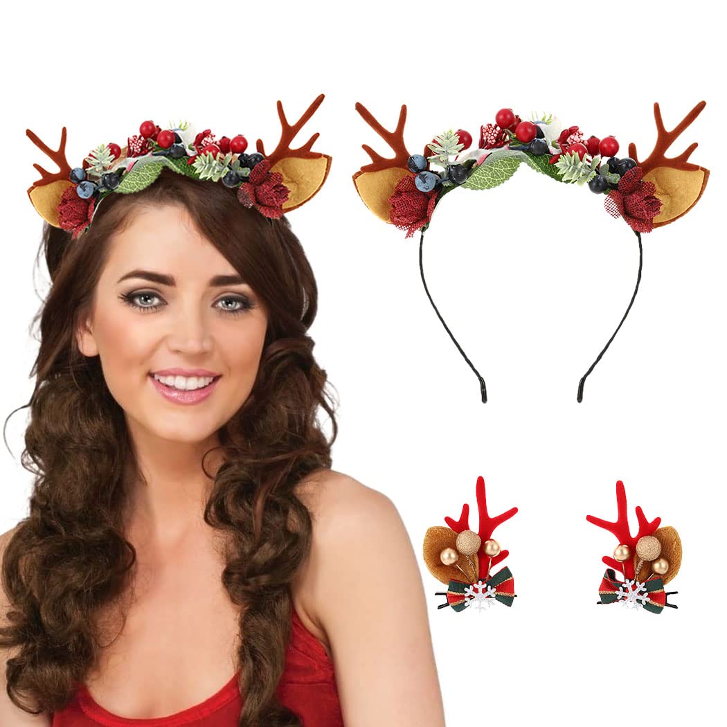 IYOU Christmas Headbands Hair Clips Red Reindeer Antlers Hair Band Flower Dear Ear Xmas Hair Accessories for Party Halloween Cosplay