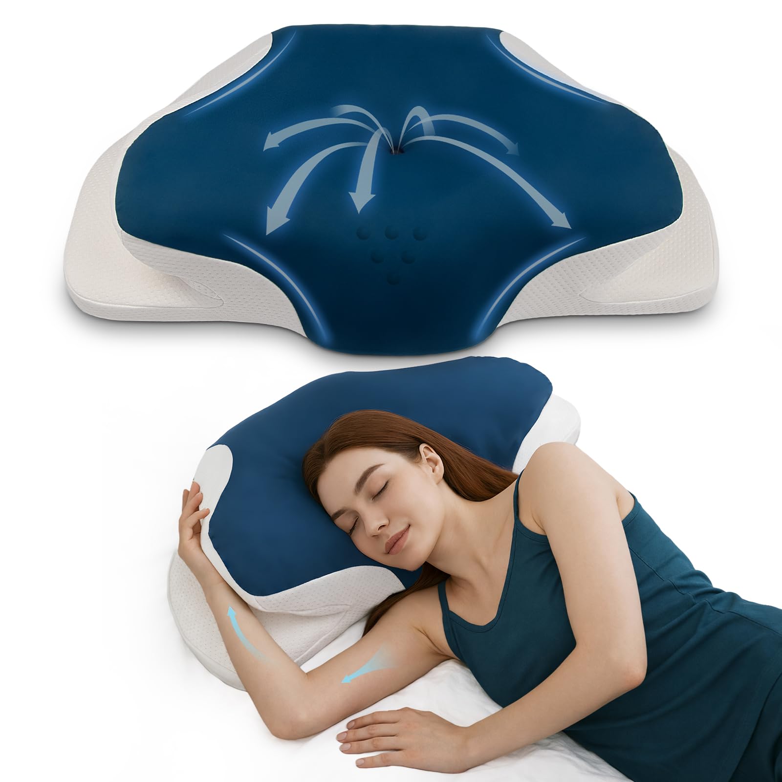 Photo 1 of Cervical Neck Support Pillow for Sleeping, Two Heights Memory Foam Ergonomic Contour Pillow, Side Sleeper Pillow for Neck and Shoulder Pain Relief (Blue& White)