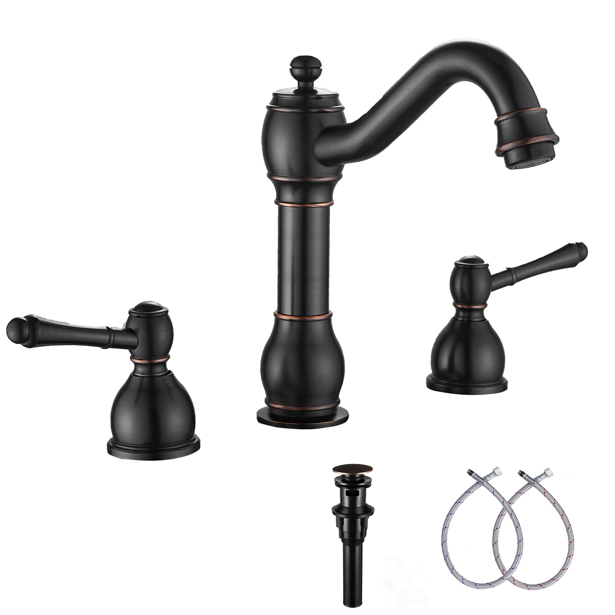GGStudy 2 Handles 3 Holes Faucet Widespread Bathroom Sink Faucet Basin Tap Mixer Supply Hose Included Matching Pop Up Drain Oil Rubbed Bronze Image
