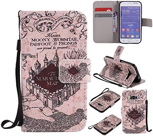 Samsung Galaxy Core Prime Case - Harry Potter Hogwarts Marauder's Map Pattern PU Leather Wallet Case Stand Cover Card Slots Wrist Strap for Samsung Galaxy Prevail LTE,Galaxy Core Prime G360 + Stylus